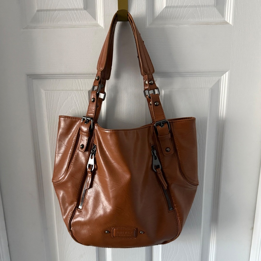Nine West Cognac Brown Double Zip Shoulder Tote Bag Y2K Slouchy Purse